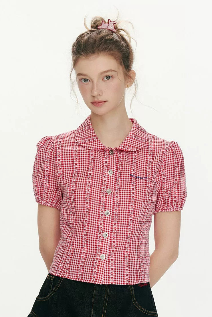 【即納】チェック セーラーカラー半袖ブラウスC3485