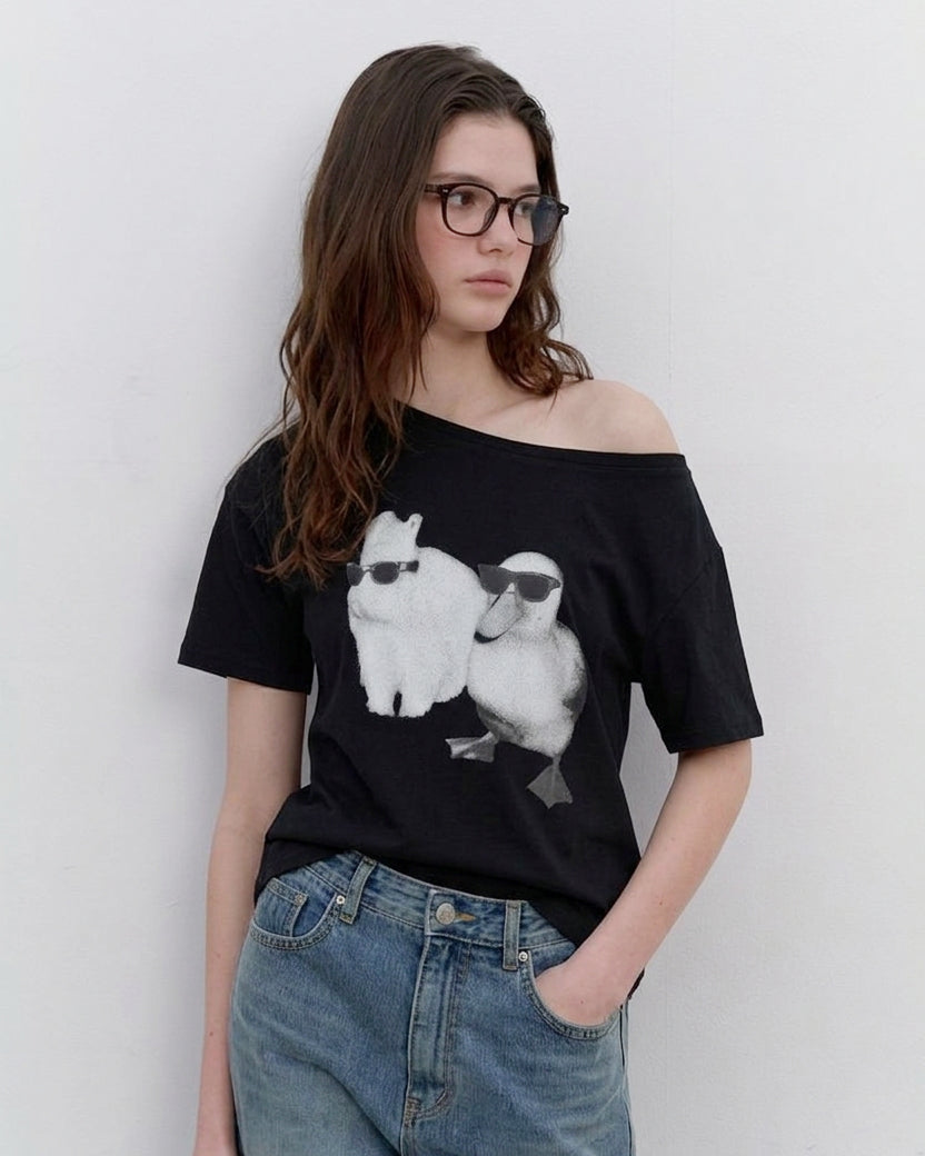 アシンメトリーカラーラプリントTシャツ C3862
