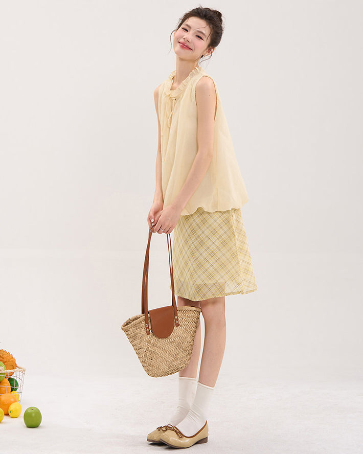 チェック柄シフォンミディスカート C3826