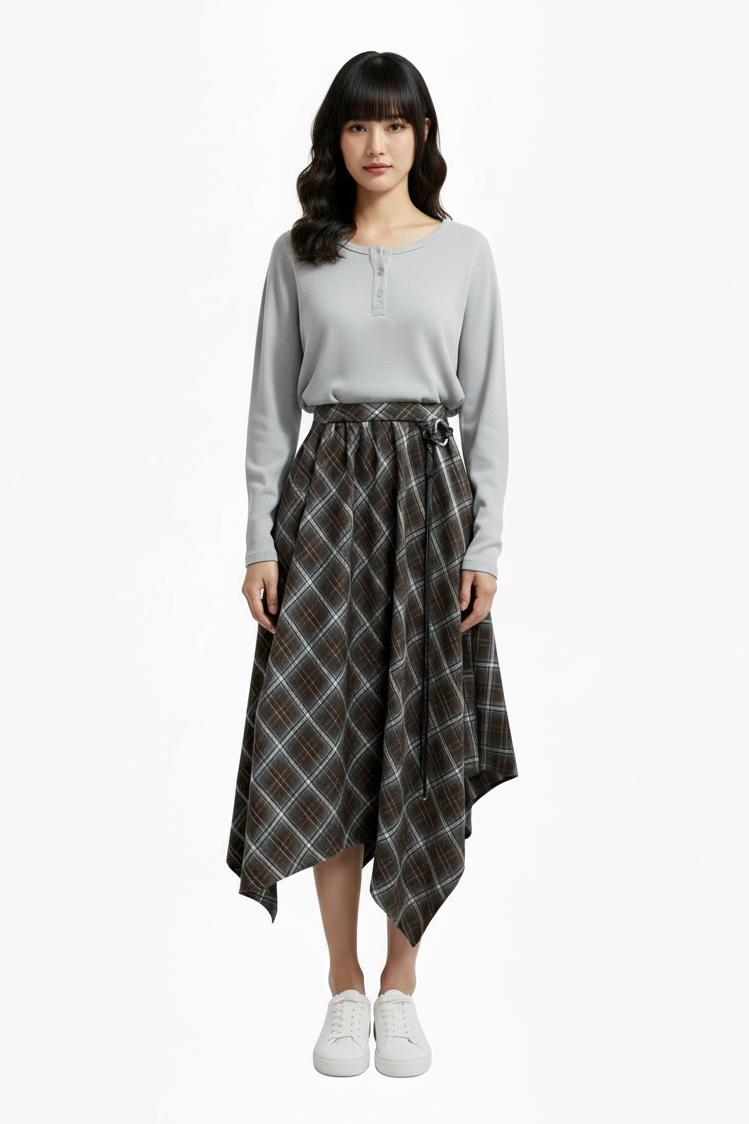 ロングスリーブトップス × アシメチェックフレアスカート セット T3007