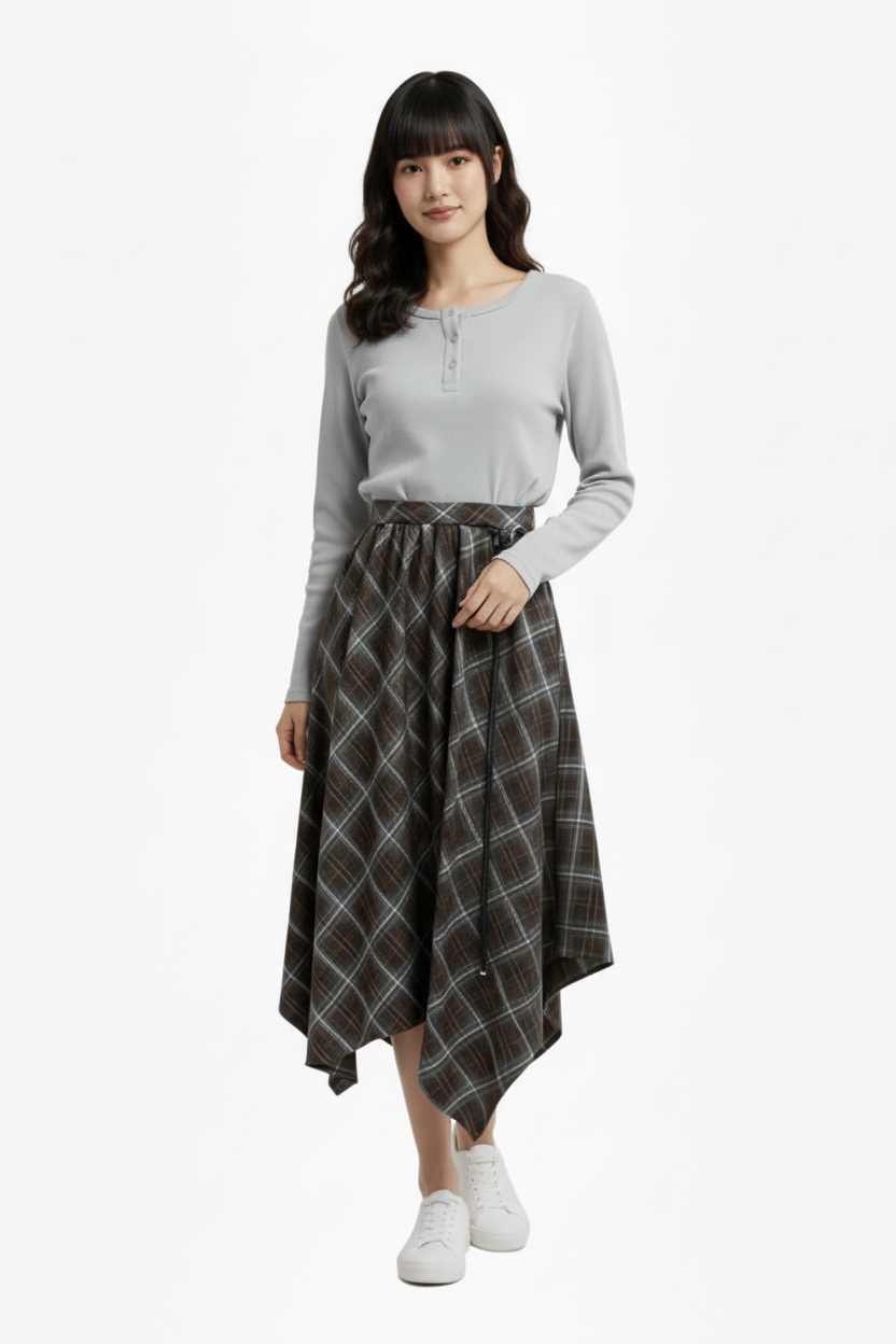 ロングスリーブトップス × アシメチェックフレアスカート セット T3007