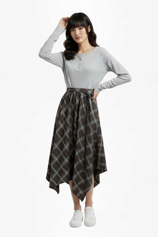 ロングスリーブトップス × アシメチェックフレアスカート セット T3007