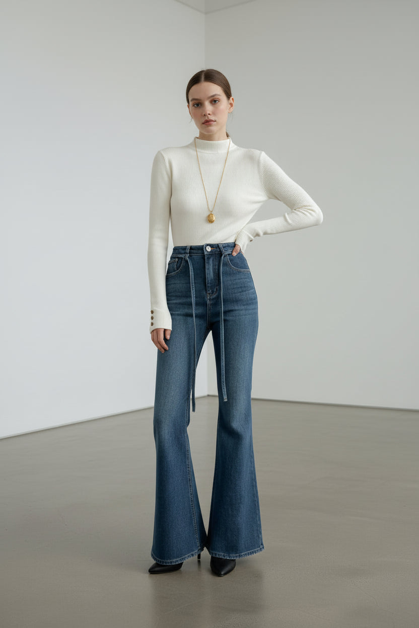 エッセンシャルリブモックネックトップス × セミフレアデニムパンツ セット T3004