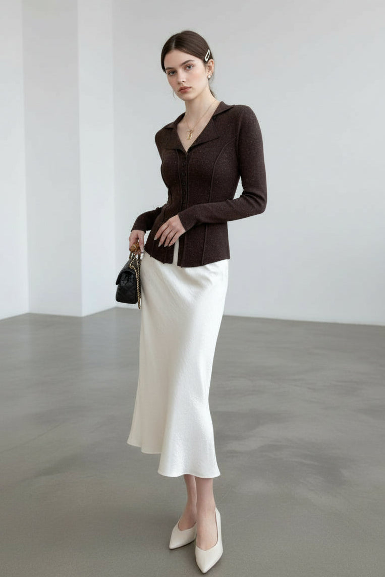 テーラードリブニット × サテンライクフレアロングスカート セット T3009