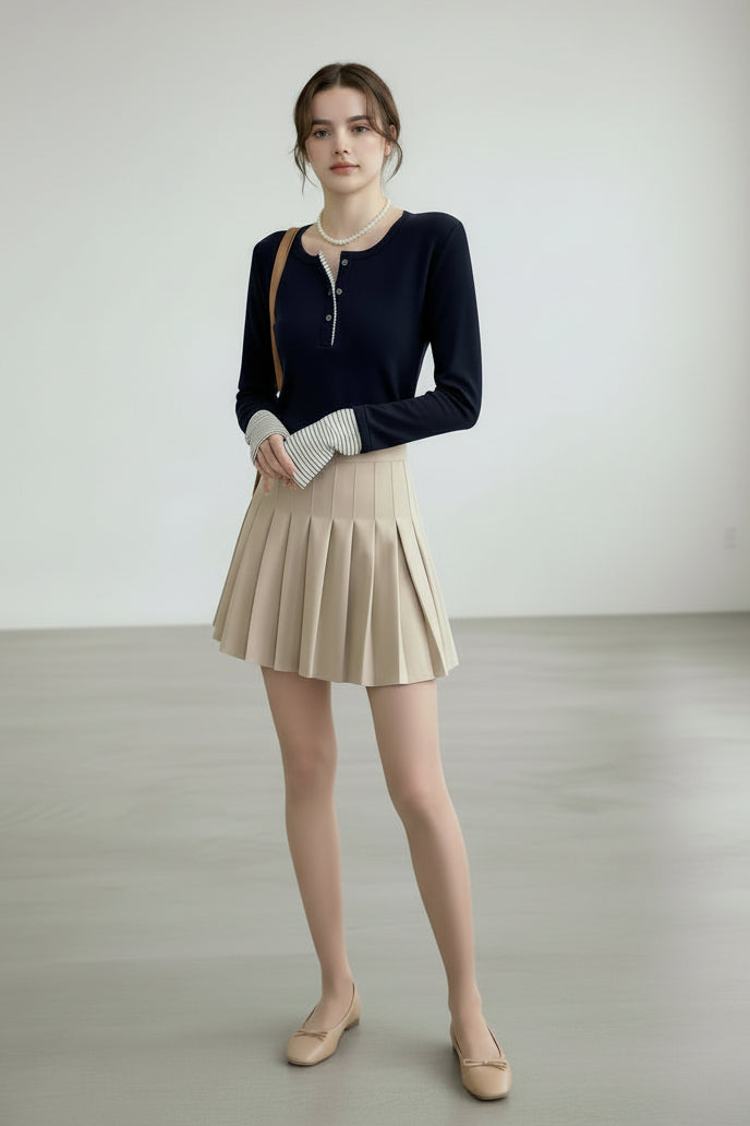 ヘンリーネックトップス × ソフトプリーツミニセット T3006