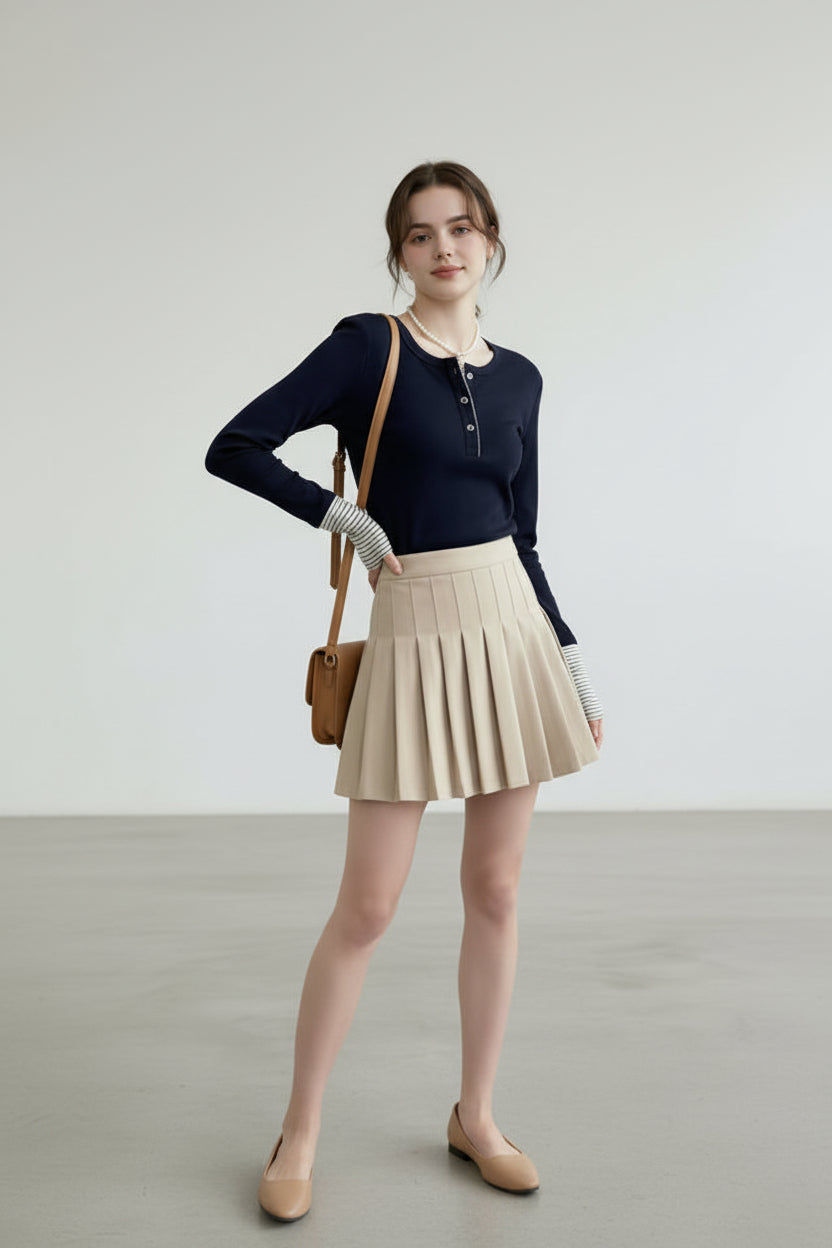 ヘンリーネックトップス × ソフトプリーツミニセット T3006