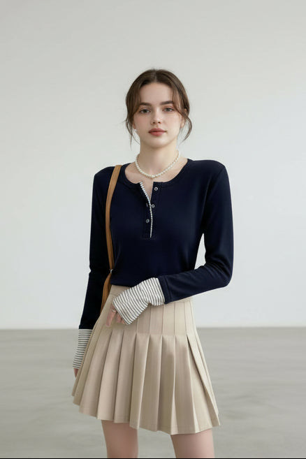 ヘンリーネックトップス × ソフトプリーツミニセット T3006