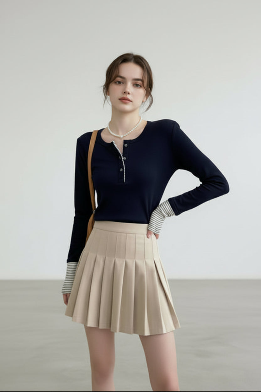 ヘンリーネックトップス × ソフトプリーツミニセット T3006
