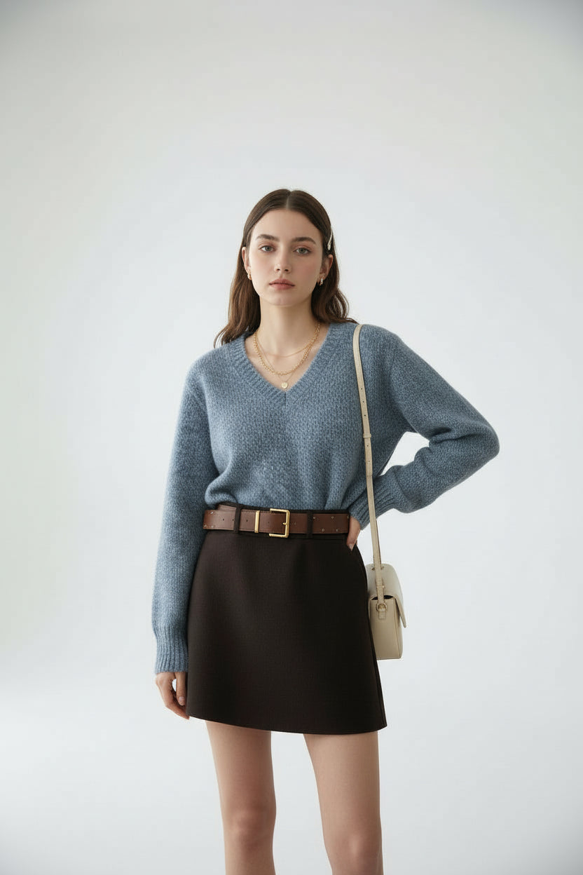 モーヴブルーニット × クラシックブラックミニセット T3003