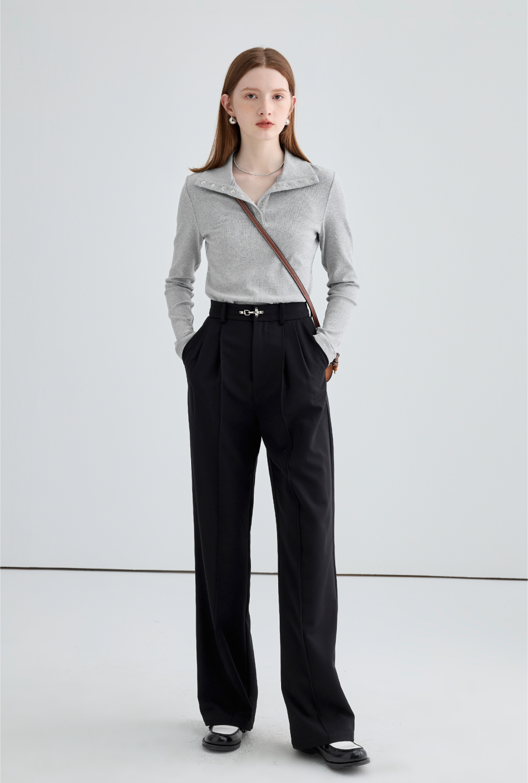 Wide drape buckle pleated pants C0620