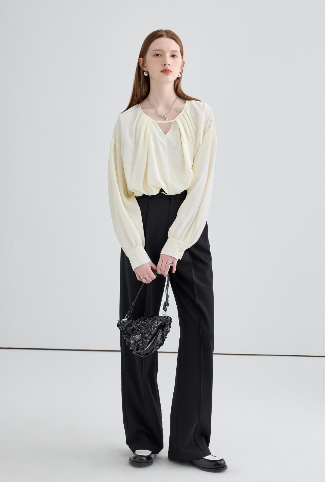 Wide drape buckle pleated pants C0620