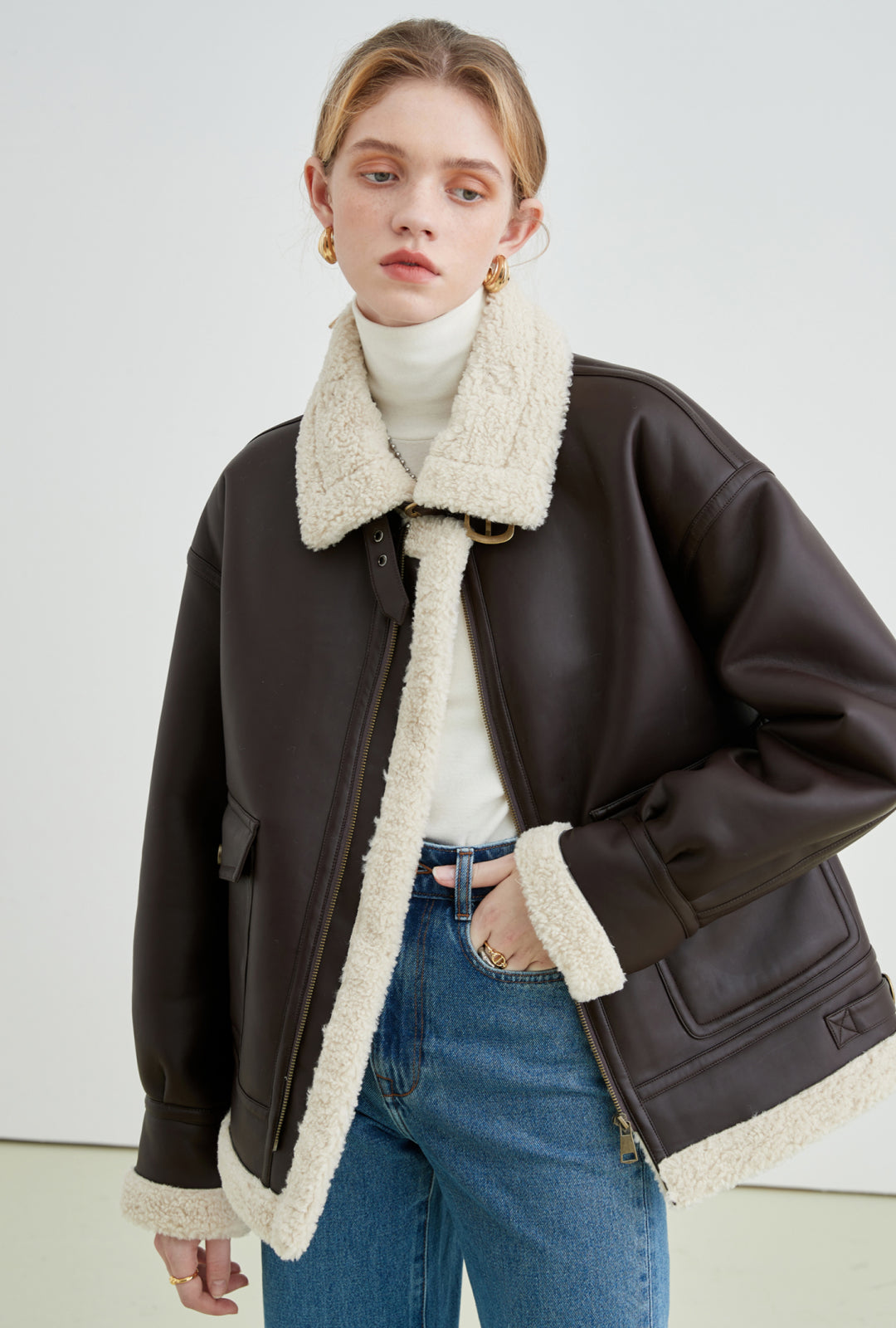 Fur lapel PU leather jacket C0315