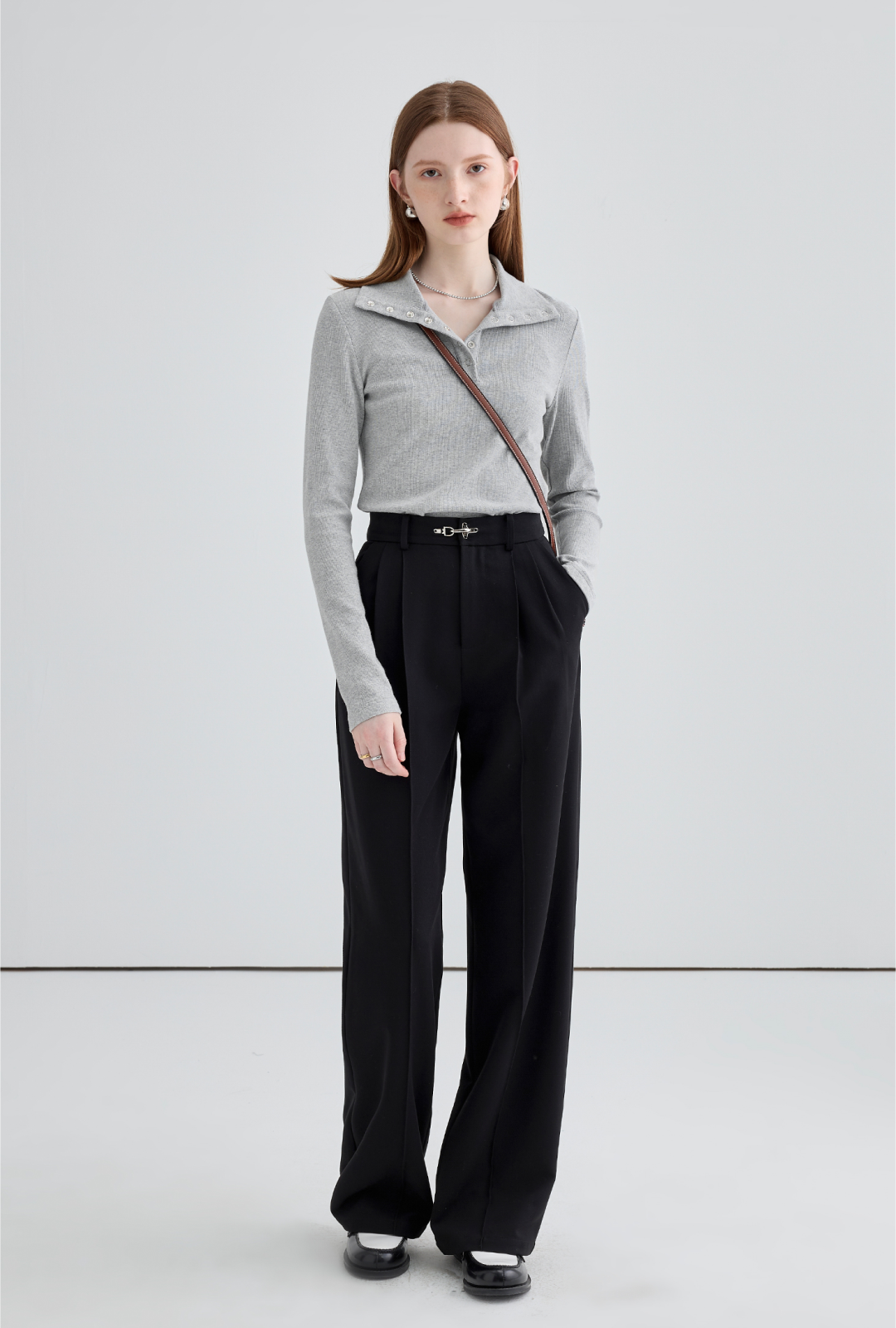 Wide drape buckle pleated pants C0620