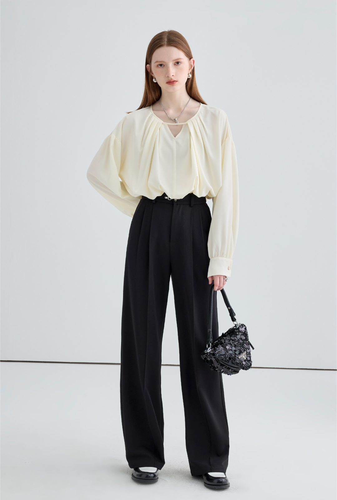 Wide drape buckle pleated pants C0620